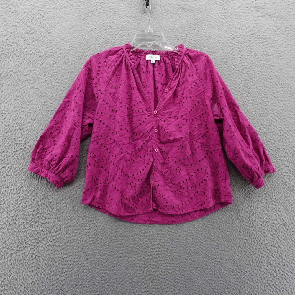 Evereve Eyelet Blouse M Pink Cotton‎ 3/4 Sleeve Boho Feminine Lightweight Womens